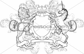 Monochrome Lion and Unicorn Coat of Arms