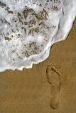 Footprint on sand and sea foam