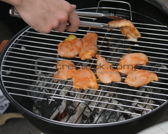 Pieces of chicken on a grill