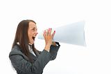 Business woman yells in megaphone
