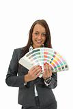 Business woman demonstrates palette of the paints