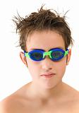 pleased with new goggles - small caucasian boy  in swimming goggles