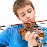 caucasian boy learning to play violin, isolated on white background, square crop