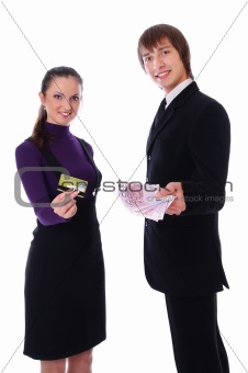 businesswoman with the credit card and businesswoman with the mo