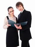 man and woman is reading business documents