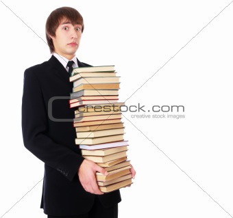 student with many books is shocked