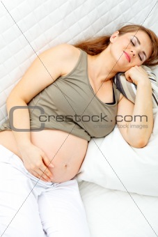 Beautiful pregnant female sleeping  on  sofa. 
