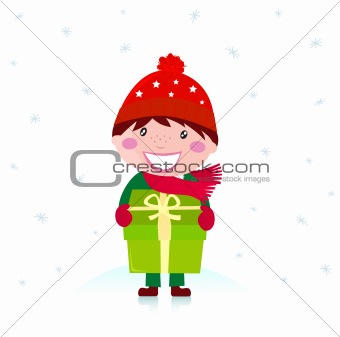 Cute christmas boy with big gift isolated on white