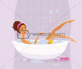 Relax time: sexy woman taking hot bubble bath in bathroom