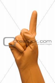 hand with rubber glove forefinger up