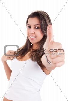 pretty girl with thumb raised as a sign of success, isolated on white background. Studio shot.