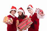 Happy christmas teens with gifts, isolated on white background, studio shot