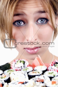  young girl  with sushi