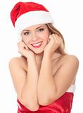 Picture of pretty christmas woman in red dress and santa hat