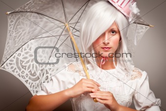 Pretty White Haired Woman Wearing Classic Dress with Parasol and Small Top Hat.