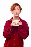 Pretty Red Haired Girl with Hot Drink Mug Isolated on a White Background.
