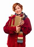 Pretty Red Haired Girl with Scarf Holding Wrapped Gift Isolated on a White Background.
