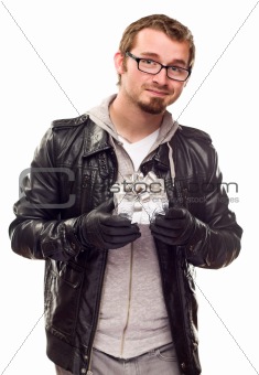 Warmly Dressed Handsome Young Man Holding Wrapped Gift Isolated on a White Background.