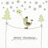 Christmas card with singing bird, vector