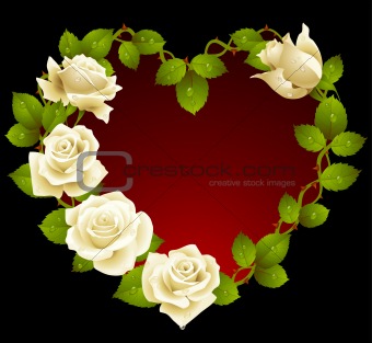 Framework from white roses in the shape of heart