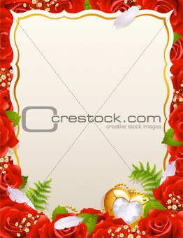 Greeting card with roses, feathers and jewelry in the shape of heart