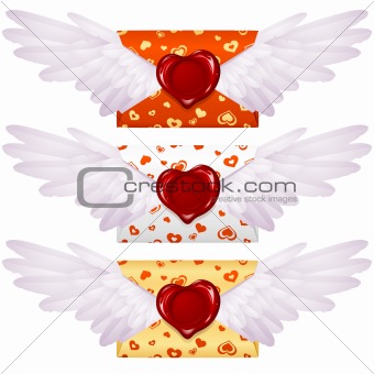 Love letter with wings and wax seal in the shape of heart