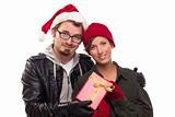Warm Attrative Young Couple with Holiday Gift Isolated on a White Background.