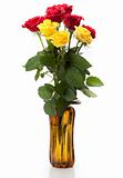A bouquet of beautiful long red and yellow roses with large green leaves in a glass vase on a white background