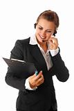 smiling modern business woman with headset and clipboard
