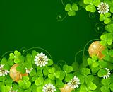 Patrick's Day background: Clover glade and golden coins