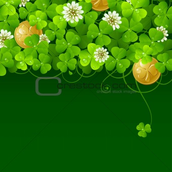 Patrick's Day background: Clover glade and golden coins