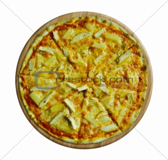 Pizza cut into slices isolated on white background