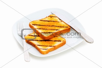 Freshly toasted bread in the white plate
