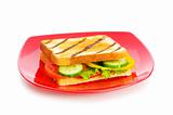 Plate with tasty sandwich isolated on white