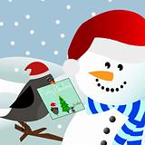 Bird giving christmas card to snowman