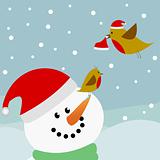 Birds and snowman with Santa hats