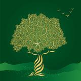 Golden stylized tree on green background