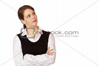 Young businesswoman looks up into the corner