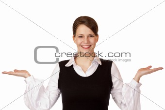 Young happy businesswoman holds both hands for advertisment.