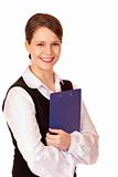 Self confident smiling businesswoman with clipboard