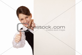 happy business woman holds blank billboard and shows thumb