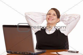 Young happy business woman relax in office