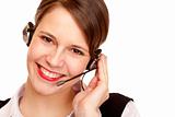 Woman with headset laughs happy and makes a call