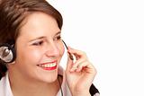 Female Call center operator calling friendly with headset