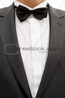 Breast of young man in tuxedo with bow tie