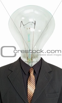Man with light bulb instead of head on white