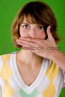woman with silence gesture 