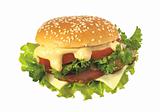 cheeseburger with vegetables and lettuce on white background