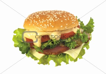 cheeseburger with vegetables and lettuce on white background