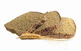 Piece of rye bread and grain wheat ears isolated on white